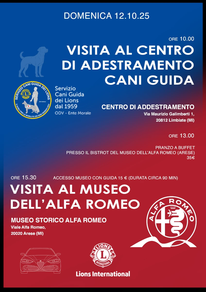 volantino evento Lions Varese Europa vista al centro di addestramento cani guida e museo alfa romeo